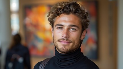 Fototapeta premium Professional male portrait in a sleek black turtleneck, set against a dynamic abstract backdrop, showcasing confidence and modern elegance in a contemporary setting.