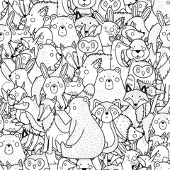 Obraz premium Cute forest animals black and white seamless pattern. Adorable woodland characters background for coloring book. Vector illustration