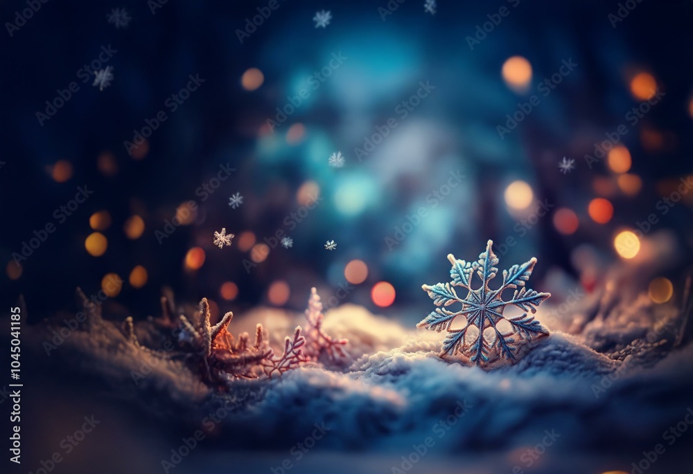Poster a close-up of sparkling snowflakes on a bed of soft, white snow with a blurred backdrop of twinkling