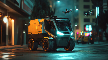 Futuristic urban delivery vehicle with drones in night cityscape