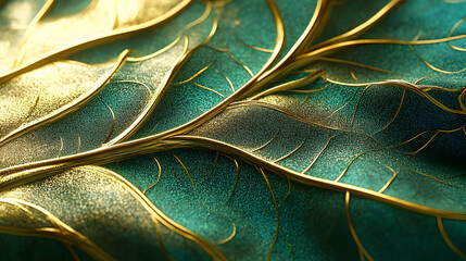Abstract 3D Gold Leaf on Green Background