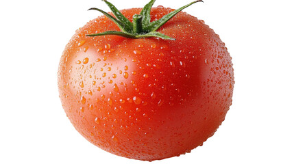 Freshly washed red tomato with droplets glistening, highlighting its vibrant color and texture