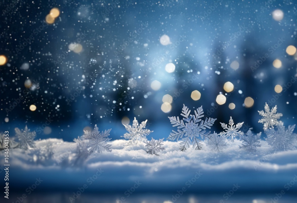 Poster a snowy scene with sparkling lights in the background, featuring a cluster of delicate snowflakes re