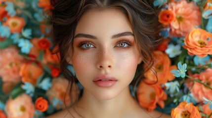 Naklejka premium Elegant woman in a vibrant floral backdrop, showcasing her grace and beauty, surrounded by a burst of colorful blossoms, exuding confidence and charm.