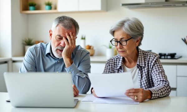 Senior couple worried about finances at home — Elderly man and woman, both with gray hair, sitting at the table, reviewing financial documents and working on a laptop, looking stressed and concerned.
