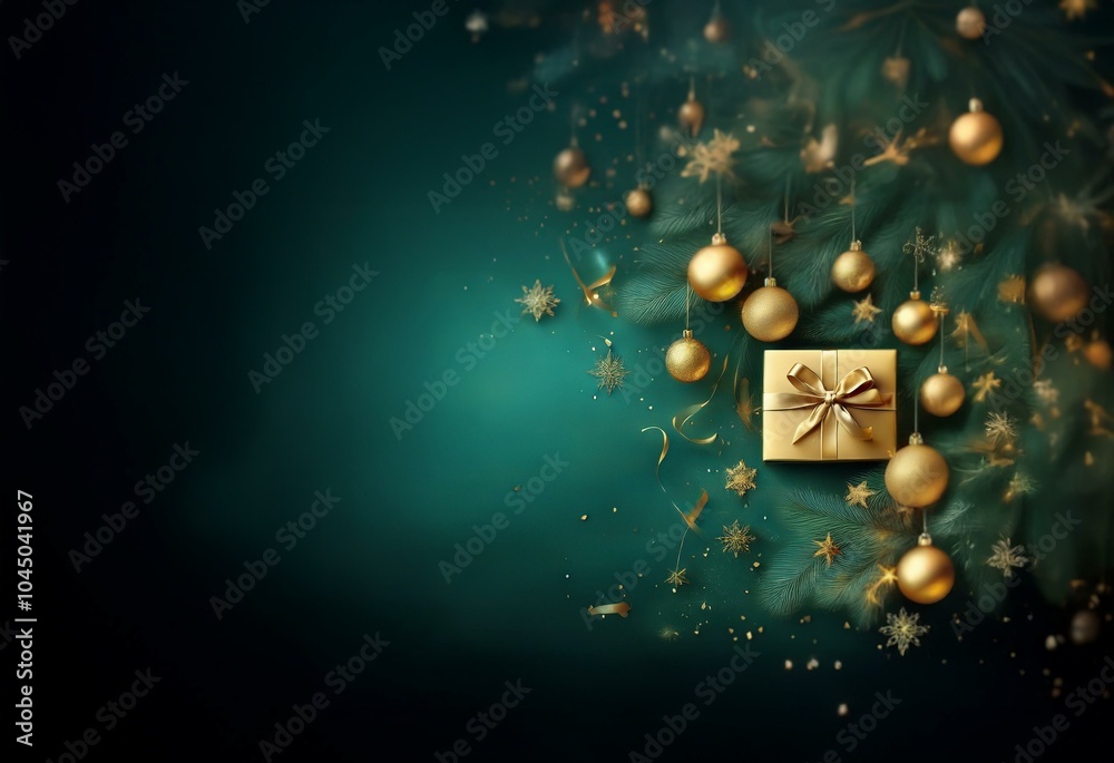 Poster A golden gift box with a bow sits on a teal background surrounded by glittering gold ornaments and confetti.