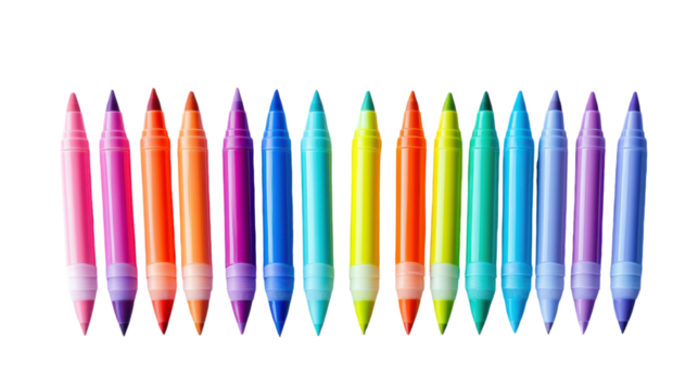 A vibrant collection of colorful markers arranged in a rainbow gradient on a white background