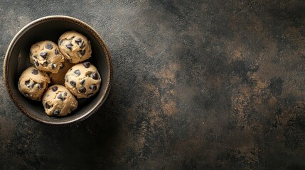 A bowl of chocolate chip cookie dough on a textured surface, ready for baking.
