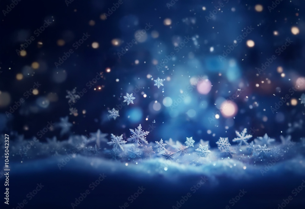 Poster A dark blue background with a snowy white foreground. The snow is falling in the center of the image and there are glowing orbs of light in the background.
