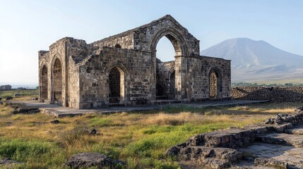 Ancient stone ruins with arches, set against a mountainous backdrop and grassy terrain.