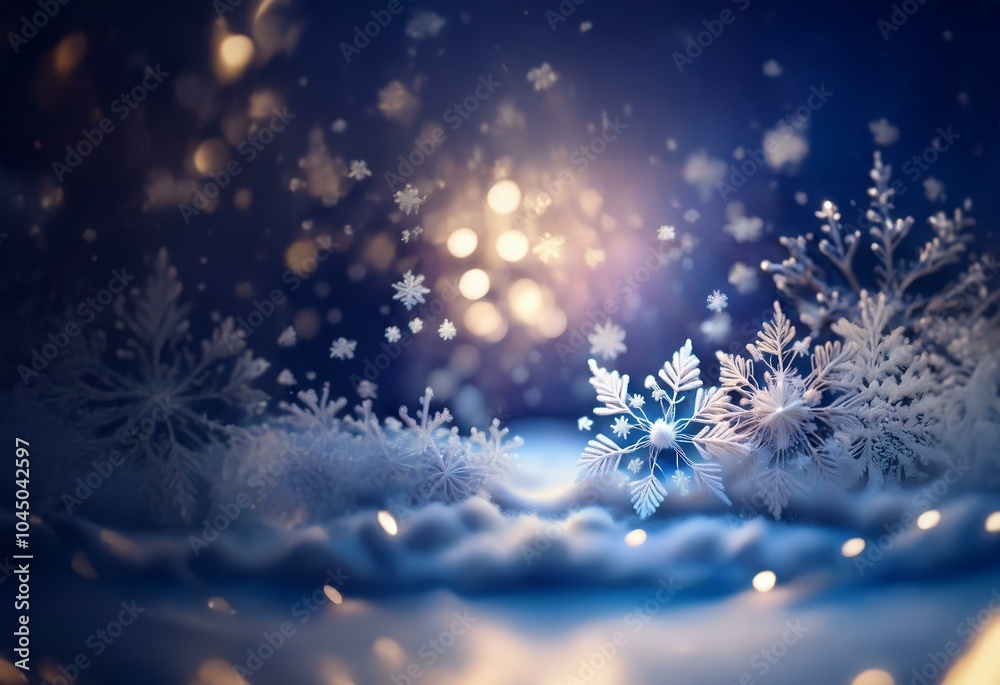 Poster a magical winter scene with large snowflakes and a blurred background of sparkling lights.