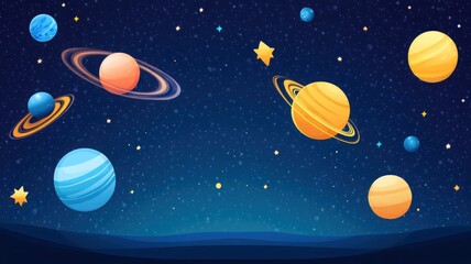 A vibrant illustration featuring various planets and stars against a dark cosmic background, perfect for educational or decorative use.