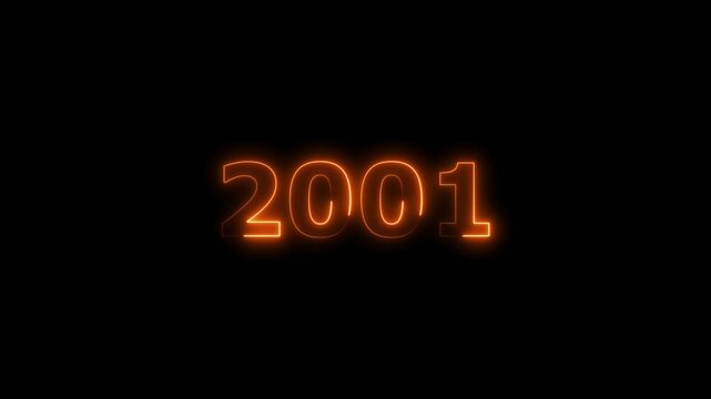 Calendar 2001 Sal neon glowing orange color animation. abstract glowing neon text icon 2001 on black background.