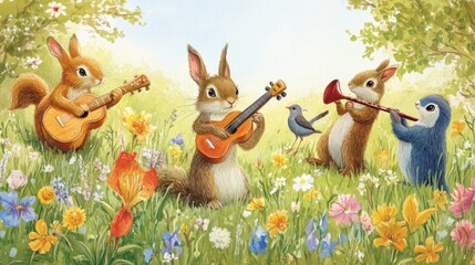 A cheerful gathering of rabbits, squirrels, and birds fills a sunny meadow with lively music. Brightly colored flowers surround the playful band as they enjoy their cheerful performance together.