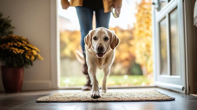 A service dog helping its owner at home, performing tasks like fetching items and opening doors