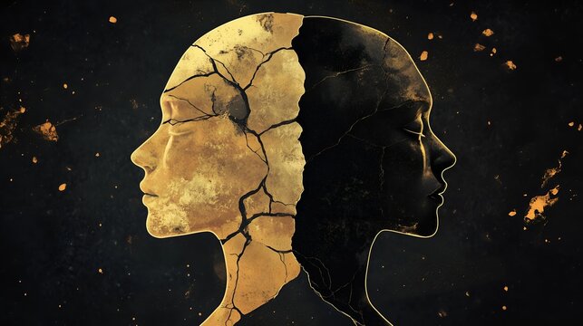 
Artistic rendering of two human profiles, one in rich, golden tones, the other in deep black symbolizing unity amidst decay, inner conflict, duality, and emotional contrasts.