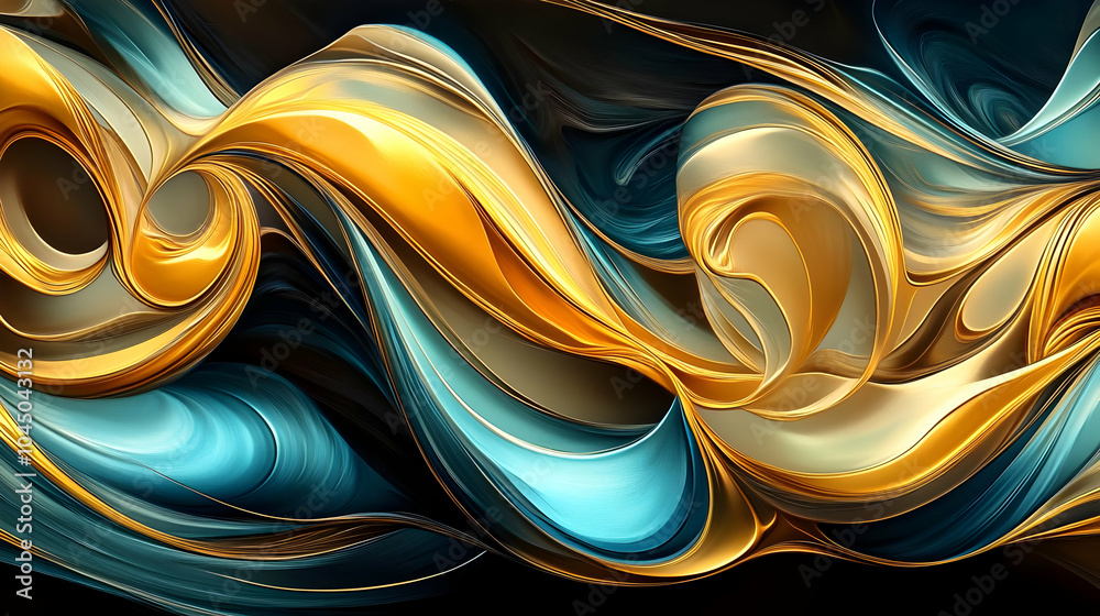 Wall mural Abstract 3D Background with Gold and Teal Swirls