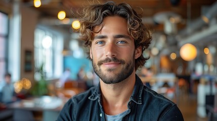Obraz premium Young professional in a modern co-working space, engaged and confident, dressed in business attire, surrounded by contemporary furniture and a collaborative atmosphere
