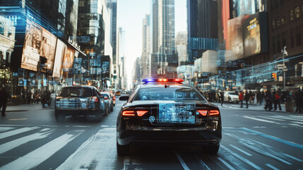 Futuristic police car navigating digital cityscape with holographic interfaces on urban streets