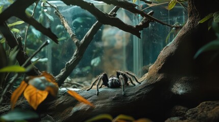 A tarantula resting in its glass enclosure, surrounded by branches and natural habitat elements