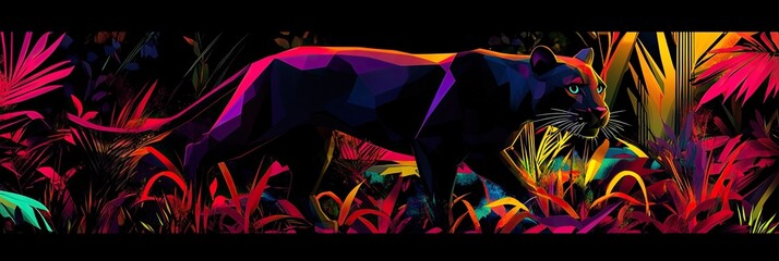 A sleek Pop art style panther prowling through a jungle of geometric shapes and neon colors