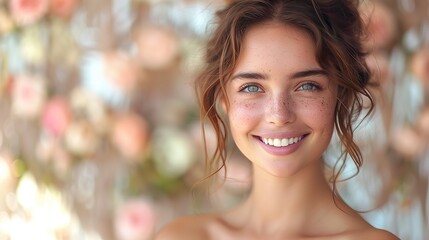 Obraz premium Radiant Young Woman with Dewy Complexion and Genuine Smile Set Against a Soft, Gentle Background