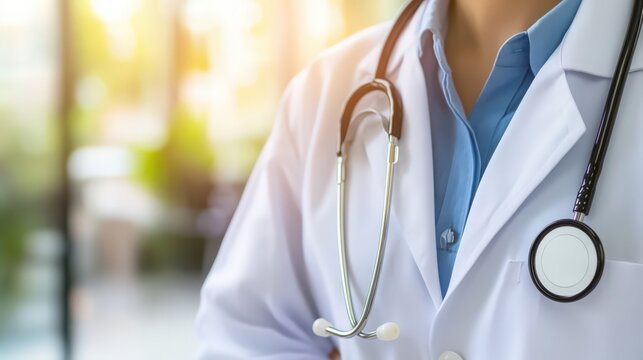 Doctor woman is standing in the near window
