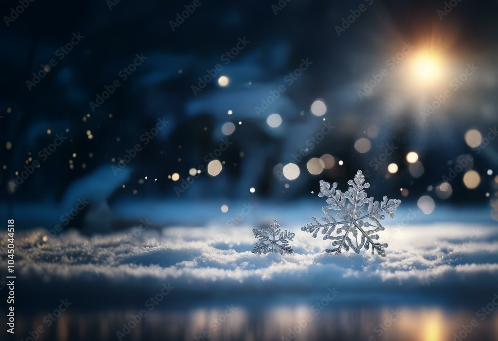 Poster two snowflakes rest on a bed of fresh snow, illuminated by the warm glow of a distant sun.