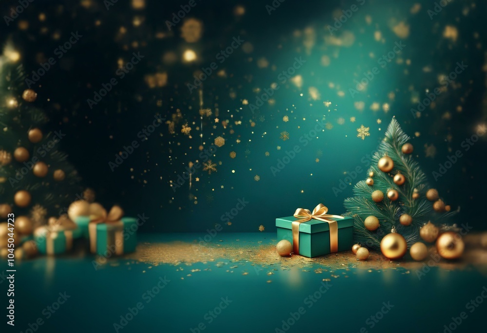 Wall mural Two decorated Christmas trees with gold ornaments sit in front of a teal blue background with gold glitter falling around them.  There are also presents wrapped in teal blue paper with gold ribbon.  A