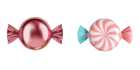 Two vibrant candies with colorful wrappers, one shiny and round, the other striped with pastel colors, set against a solid transparent background.