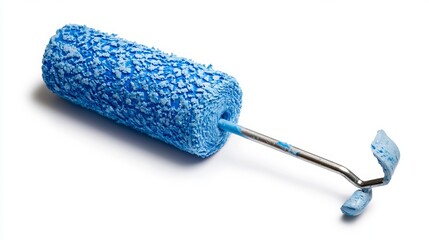 Blue paint roller for applying paint to surfaces, isolated on a white background. The roller is covered in blue paint and has a long handle for easy use