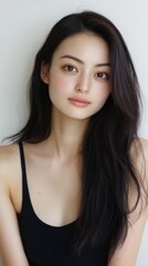 Fototapeta premium 長い黒髪と黒いトップスを着た女性のポートレート