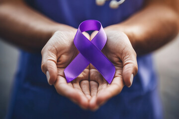 Healthcare professional holding purple awareness ribbon