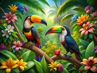 Fototapeta premium Vibrant Tropical Rainforest with Toucans: A Macro Photography Exploration of Exotic Wildlife and Lush Flora in a Biodiverse Habitat