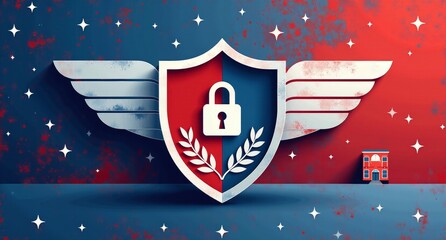 Healthcare reform in red, white, and blue with clean lines, shields, and locked gates, symbolizing protection and security in health policies. 