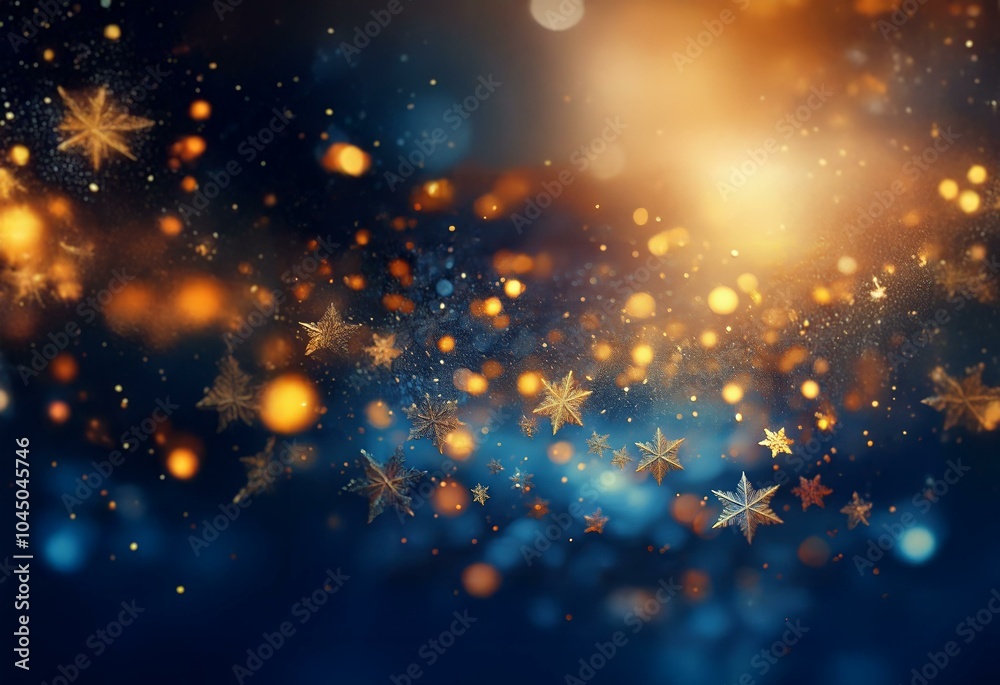 Poster a dark blue background with golden star-shaped bokeh and a bright, out-of-focus light source in the 