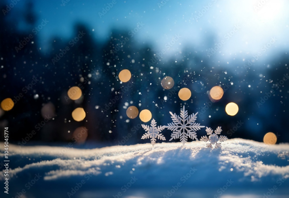 Poster three delicate snowflakes rest on a snowy surface, bathed in the warm glow of out-of-focus lights.