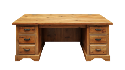 Rustic wooden desk with spacious surface and multiple drawers in a cozy home office setting