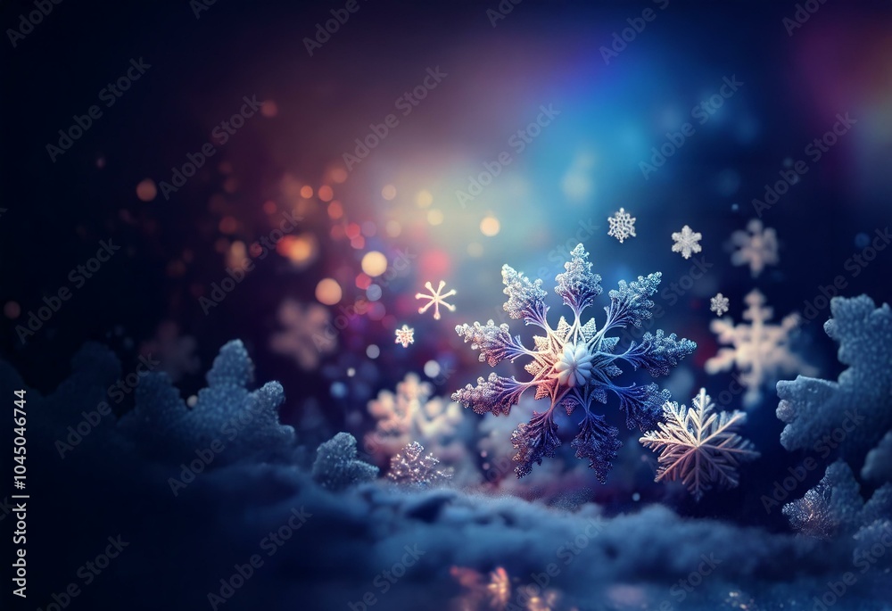 Aufkleber A field of sparkling snowflakes rest atop a snowdrift, illuminated by a glow of colorful lights.