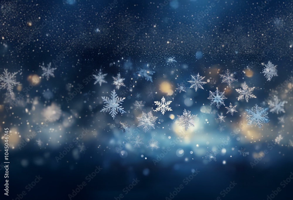 Poster abstract winter scene featuring a cluster of snowflakes falling against a blurred blue background wi