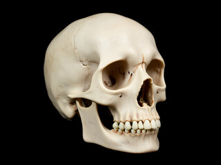Obraz premium A human skull displayed prominently against a stark black background, emphasizing its intricate details and contours