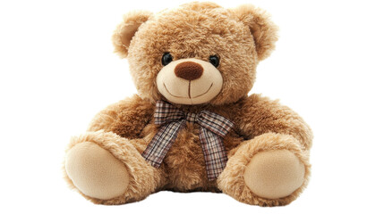 Obraz premium A charming teddy bear with a soft fur coat and a playful bow sits cheerfully on a bright background