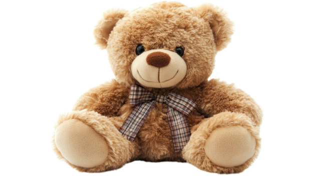 A charming teddy bear with a soft fur coat and a playful bow sits cheerfully on a bright background