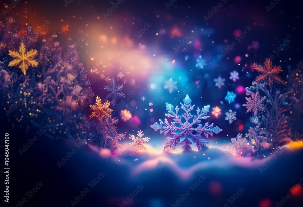 Sticker A dark background with sparkling lights and colorful snowflakes, with a cloud of snow in the bottom.