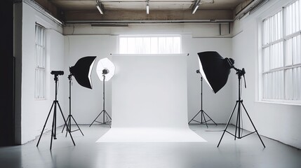A studio set up with a white backdrop and two lights with soft boxes.