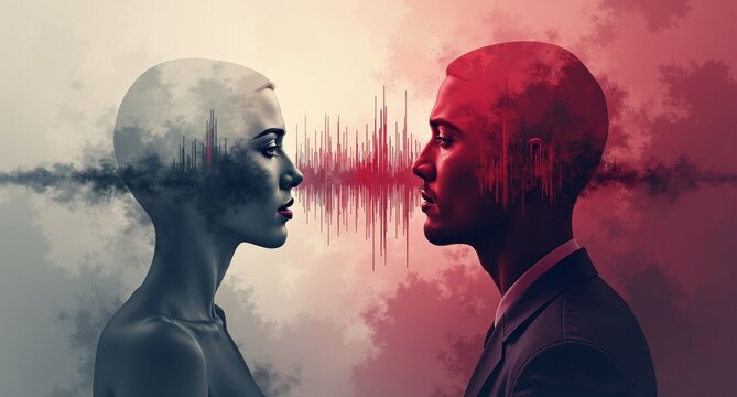 Unity in gray and maroon with dynamic brushstrokes, microphones, and sound waves, symbolizing harmonious communication. Texture overlays enhance spatial complexity and visual hierarchy.