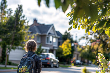 child with backpack returning home from the school bus stop in a housing estate