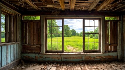 "Abandoned Farmhouse: Weathered Wooden Windows with Copy Space"