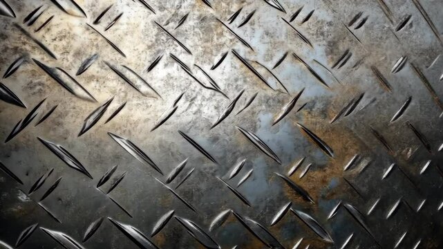A close-up view of a weathered metal surface with a diamond plate pattern