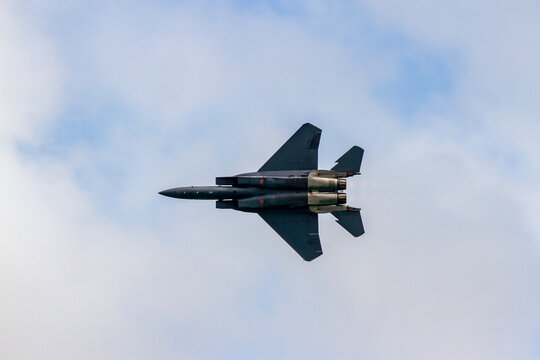 Changi Airport, Singapore - February 12, 2020 : McDonnell Douglas F-15 Fighter Jet In Aerial Demonstration At Singapore Airshow.